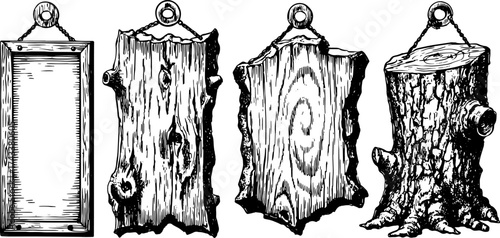 Engraving of wooden signs with detailed outlines and natural textures. Vintage vector illustration set for rustic decor.