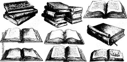 Vintage illustrations of books in engraving style. Detailed set showcasing open and closed books in a vector illustration.