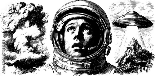 Vintage astronaut engraving featuring a silhouette with ufos, clouds, and mountains. This black line drawing is a vector illustration of exploration.