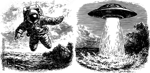 Astronaut in spacesuit and UFO. Vintage engraving vector illustration showcasing exploration and adventure in space.