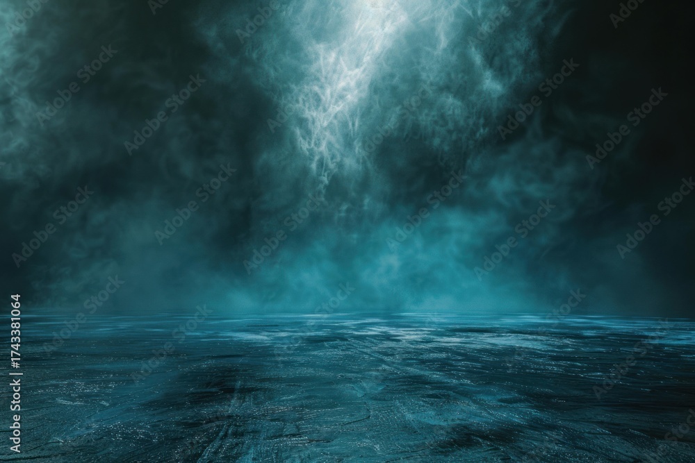 Fototapeta premium Empty concrete floor with turquoise fog covering the background, creating a mysterious and spooky atmosphere