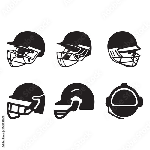 Set a simple black and white cricket helmet graphic. A bold, solid black silhouette of a cricket helmet, set against a plain white background. Cricket helmet outline vector and illustration line art.