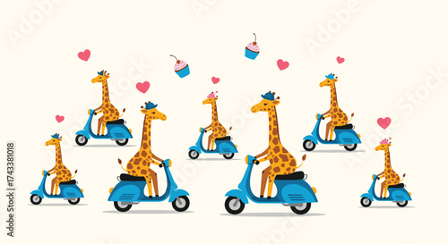 A group of cute giraffes riding scooters with cupcakes above them.