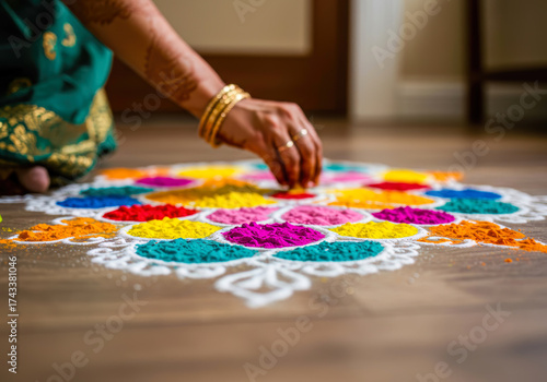 Close-up of a person's hand meticulously creating a vibrant, traditional Rangoli powder pattern on a wooden floor, celebrating Indian culture.