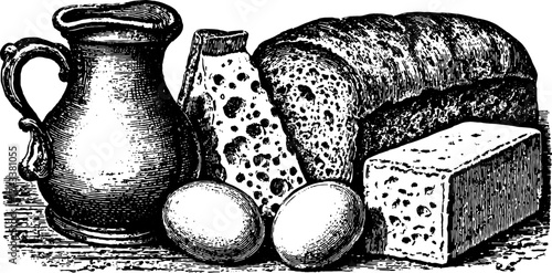 Vintage food engraving featuring a set of bread, cheese, eggs, and a pot. Black outline drawing in a rustic style, making it a classic vector illustration.