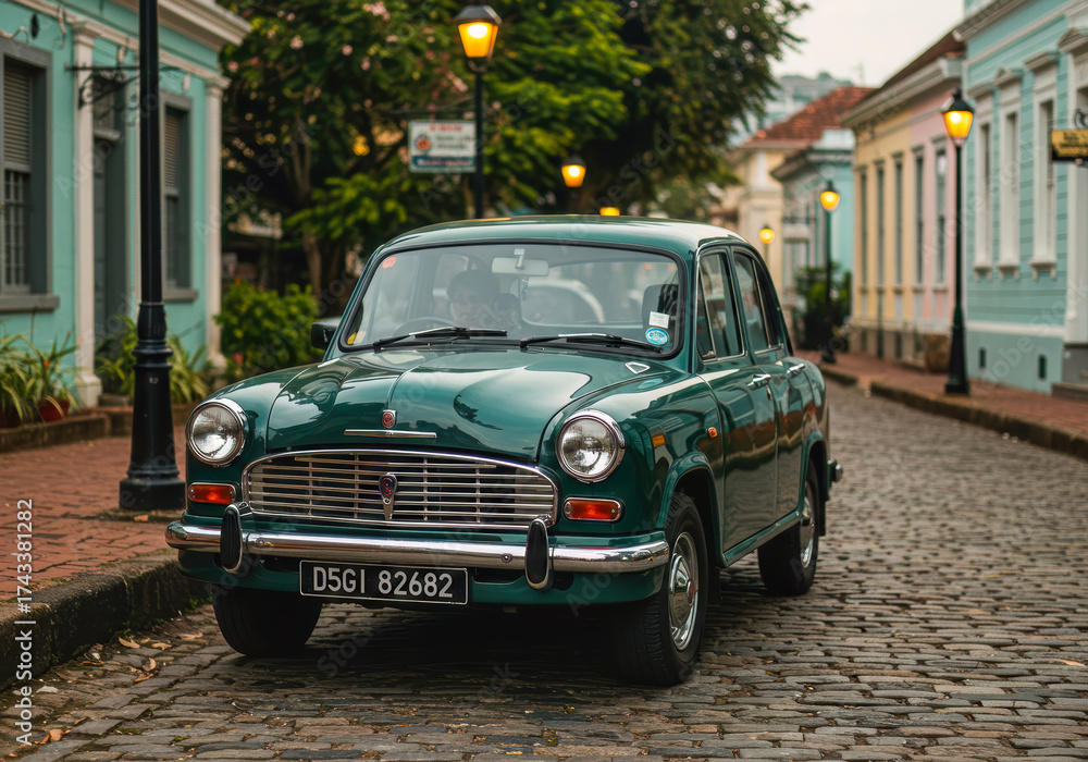 Fototapeta premium An iconic emerald green Hindustan Ambassador car, a timeless vintage design object, parked on a charming cobblestone street in a historic Indian town.