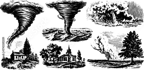 Tornado and storm illustrations in an antique style. Features silhouettes of trees, houses, and a church in a vintage landscape vector illustration set.