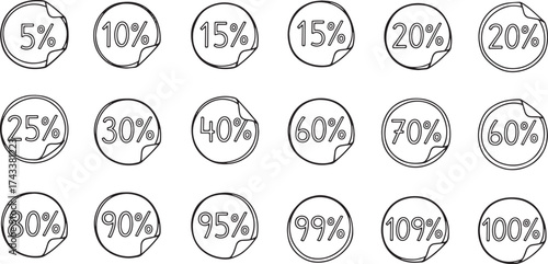 Collection of hand-drawn sketch coupon and ticket shapes featuring major percentage discounts