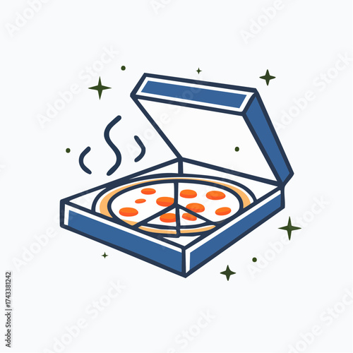 A vibrant cartoon illustration of a hot pizza in an open blue box, with the pizza slices arranged to form a peace sign, surrounded by subtle sparkles.