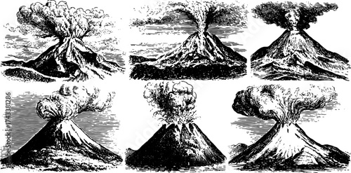 Engraved silhouette of volcano eruptions with smoke and ash. Black and white vector illustration depicting explosive geological events.