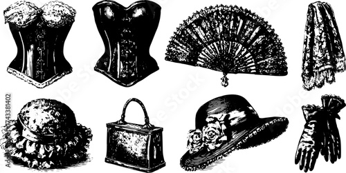 Set of vintage fashion accessories including a corset, fan, hat, gloves, and bag. Elegant black and white vector illustration featuring stylish items.