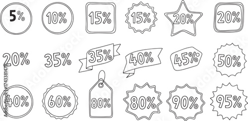 Collection of hand-drawn sketch coupon and ticket shapes featuring major percentage discounts