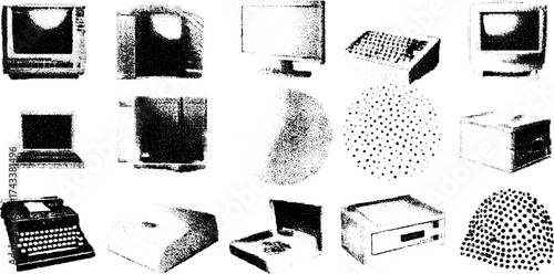 Vintage computer and printer silhouettes in a black and white set. Antique vector illustrations of technology equipment.