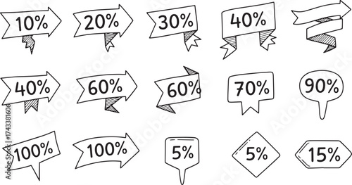 Collection of hand-drawn sketch coupon and ticket shapes featuring major percentage discounts