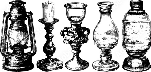 Vintage lanterns and candle holders in a hand-drawn engraving style. Detailed black outline illustration set showcasing antique lighting objects.