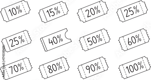 Collection of hand-drawn sketch coupon and ticket shapes featuring major percentage discounts