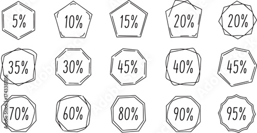 Collection of hand-drawn sketch coupon and ticket shapes featuring major percentage discounts