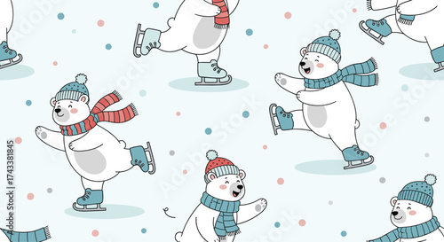 Cute cartoon polar bears ice skating on a snowy winter background.