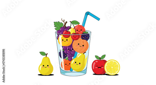 A delightful glass filled with various cartoon fruits is ready to quench your thirst.