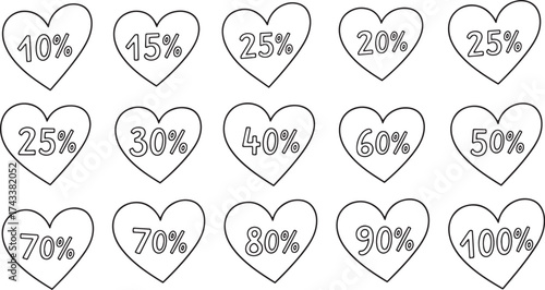 Collection of hand-drawn sketch coupon and ticket shapes featuring major percentage discounts