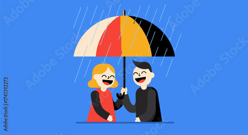 Young couple laughing under an umbrella in the rain on blue background  