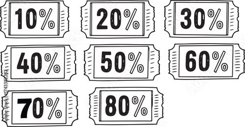 Collection of hand-drawn sketch coupon and ticket shapes featuring major percentage discounts