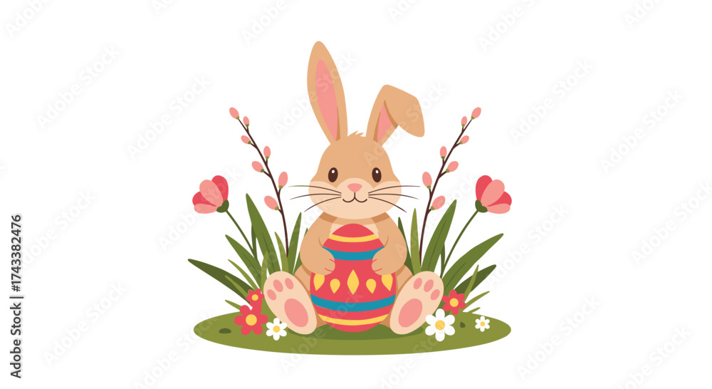 Fototapeta premium A cute fluffy bunny sits in a field of flowers with a colorful easter egg.