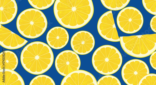 A vibrant pattern of thinly sliced bright yellow lemons scattered across a deep blue background.