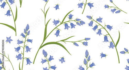 A delicate pattern of bluebell flowers and green leaves on a white background.