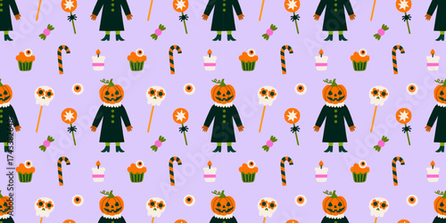 Cute Halloween vector seamless pattern. Fall wrapping paper design with scary witchy character with pumpkin had, treats, sweets illustrations