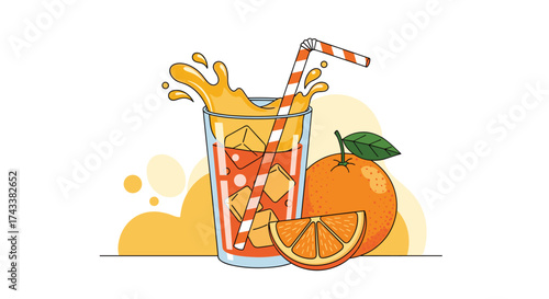 Refreshing orange juice with ice and a straw in a glass.