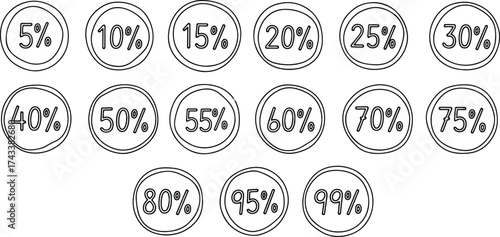 Collection of hand-drawn sketch coupon and ticket shapes featuring major percentage discounts