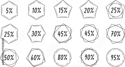 Collection of hand-drawn sketch coupon and ticket shapes featuring major percentage discounts