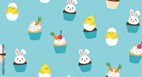 Cute pastel easter cupcakes with bunny and chick decorations.