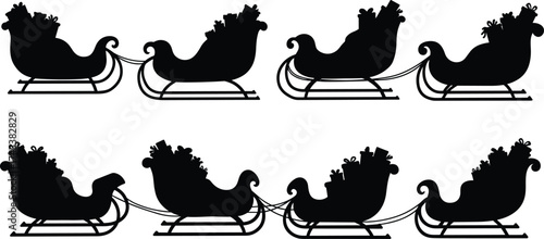 Santa sleigh silhouette, Christmas gift vector, holiday icon set, festive black graphic, winter decoration, reindeer sleigh, seasonal design element