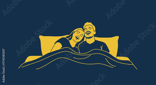 Happy couple relaxing in bed with smiles under cozy blankets  