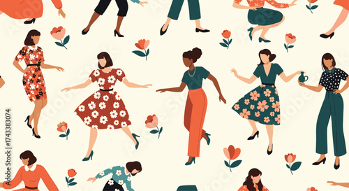 A diverse group of women dancing joyfully amongst delicate floral patterns.