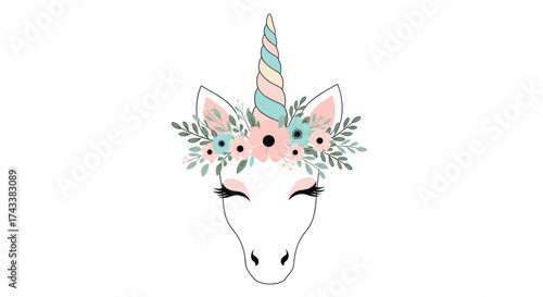 A cute unicorn with flowers and a striped horn on a white background.