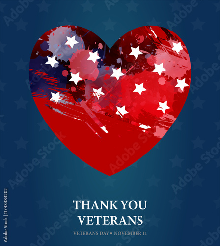 Grunge artistic American flag with the text 'Thank you veterans' on a blue background, honoring those who served. Veteran's day concept.