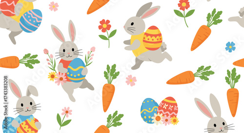 A festive collection of cute cartoon bunnies celebrating spring holidays.