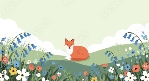 A cute fox rests in a field of wildflowers under a clear sky.