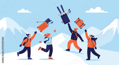A group of friends celebrating their winter ski trip with luggage and skis in the air.