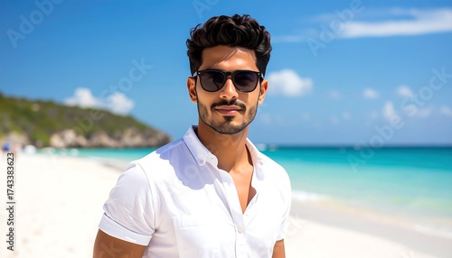 Fototapeta Naklejka Na Ścianę i Meble -  Man on a white sand beach, wearing sunglasses and a white shirt, against a turquoise ocean and blue sky