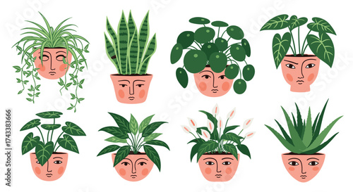 Collection of adorable potted houseplants with faces in a playful illustration style.