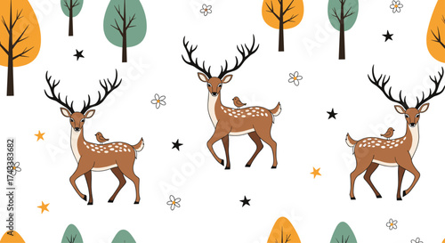 Whimsical forest scene with playful deer and scattered autumn leaves.