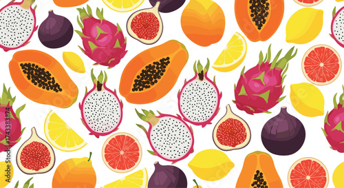 A vibrant and colorful collection of exotic tropical fruits including dragon fruit papaya figs and citrus slices.