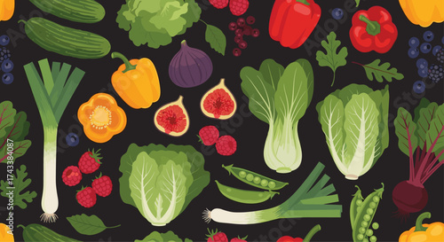 A vibrant pixelated collection of fresh fruits and vegetables on a dark background.