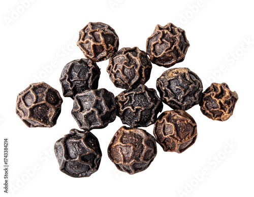 Whole Black Peppercorns on White Background