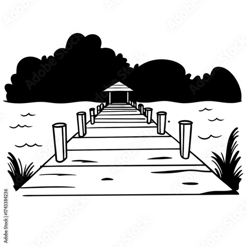 Minimilist illustration of a wooden pier stretching into the water with a gazebo and dark clouds behind it vector