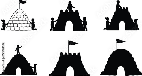 Snow fort silhouette, winter play vector, children climbing igloo, festive outdoor scene, holiday activity icon, black design, seasonal illustration